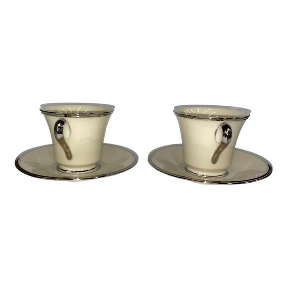 Set of Two Lenox Solitaire Teacup and Saucer in Ivory with Platinum Silver Rim - Picture 8 of 11